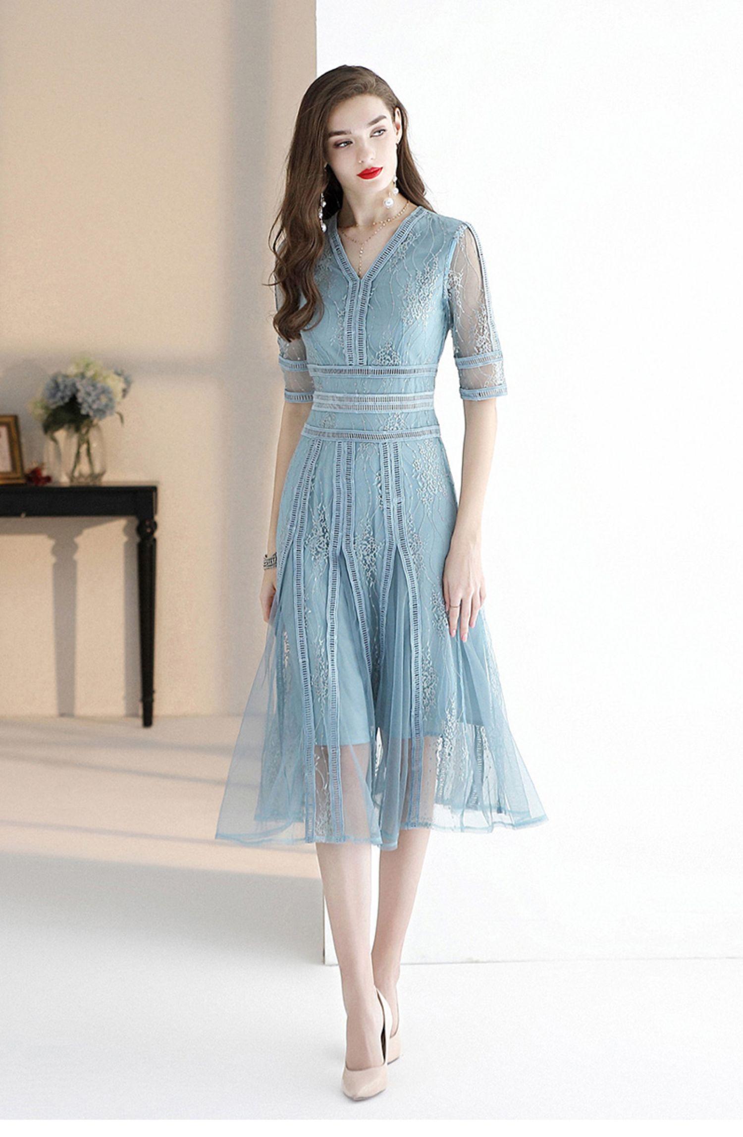 Boff Blue Gorgeous Short-Sleeved Cocktail Mesh Fairy Lace Wedding Mother of The Bride Lace Dress - ALSI XL Boff Blue Gorgeous Short-Sleeved Cocktail Mesh Fairy Lace Wedding Mother of The Bride Lace Dress - ALSI XL