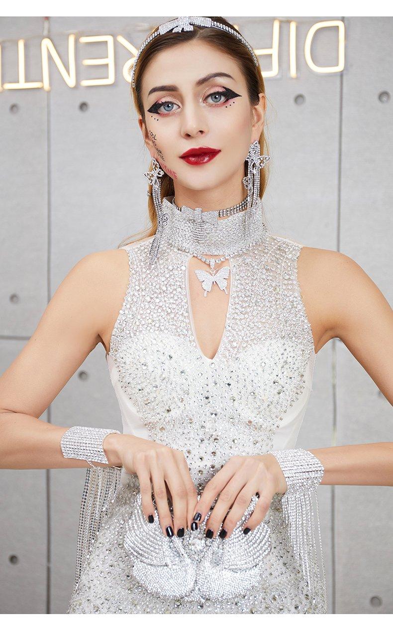 Deep V-neck sexy fashion tulle mesh fishtail skirt slim fit beaded sequins skirt white dress- Olivia