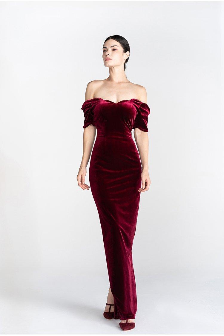 GOUDIN Light Retro Velvet off Shoulder Wine Red evening prom Dress- Reda. L GOUDIN Light Retro Velvet off Shoulder Wine Red evening prom Dress- Reda. L