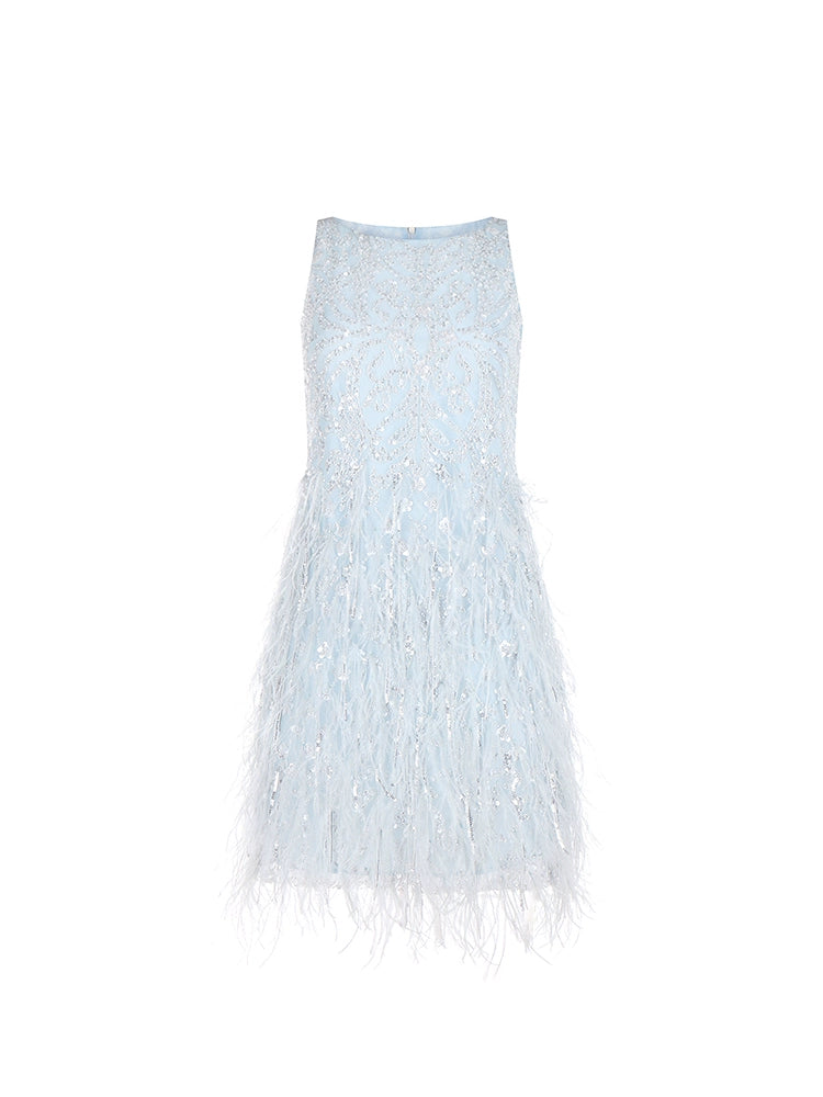 Wardrobes by Chen Luxury pastel Blue Sleeveless Tassel Feather Dress - Bjimi