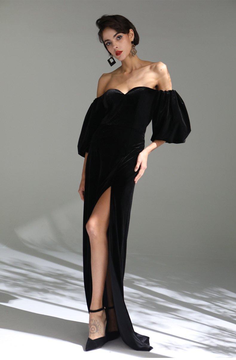 GOUDIN Elegant Black simple long slit velvet evening dress - SIKIA. M / Black GOUDIN Elegant Black simple long slit velvet evening dress - SIKIA. M / Black