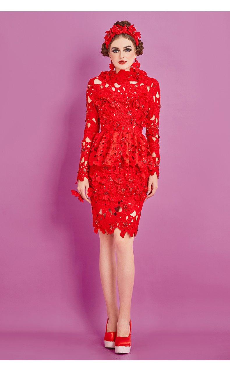 Long sleeve hollow mesh midi dress- Ellen