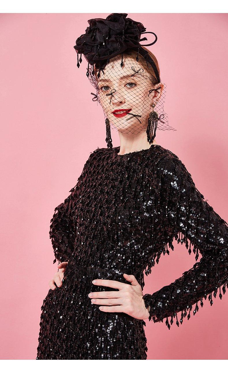 Retro inspired black long sleeve beaded dress- Tonia