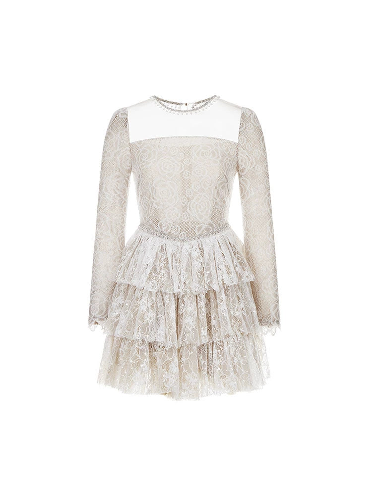 Wardrobes By Chen Elegant White Square Neck layered bridal Lace Cocktail Dress-Shell