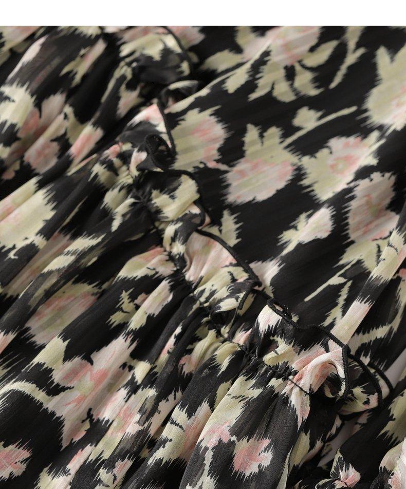 Retro pastoral print cutout design chiffon long-sleeved print dress- Rita