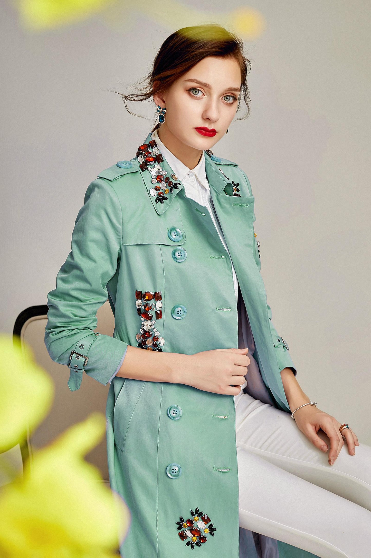 Classic autumn winter luxury limited edition handmade beaded trench coat - Siaha