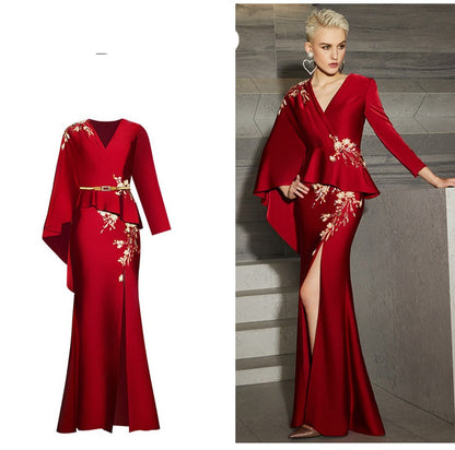 Red  wedding dress high-end evening dress new banquet dress mother skirt fashion high end luxury unique dress- Bila