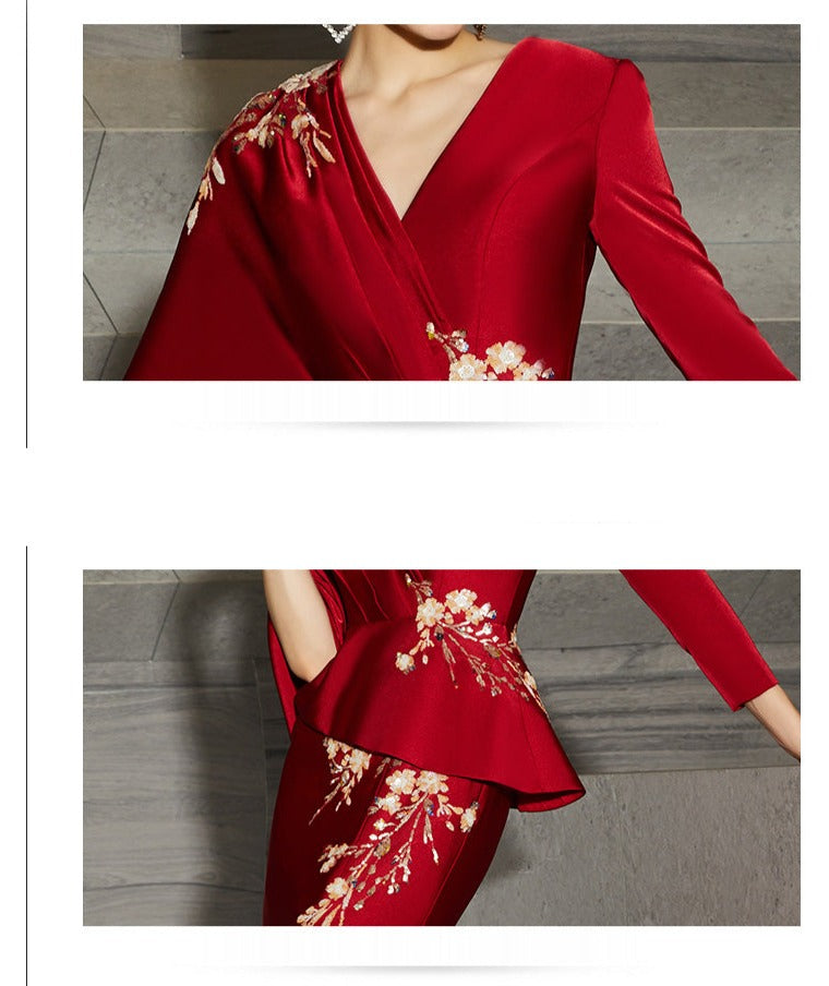 Red wedding dress high-end evening dress new banquet dress mother skirt fashion high end luxury unique dress- Bila