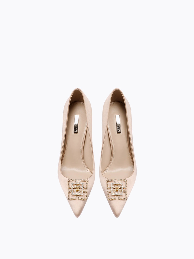 Fabfei  rhinestone stiletto pointed toe silk champagned wedding shoes - Silama