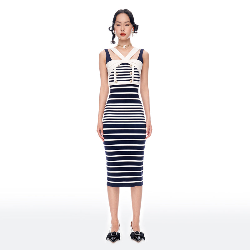 Sexy navy gradient stripe knitted bodycon dress - Afisa XS / Blue and White Sexy navy gradient stripe knitted bodycon dress - Afisa XS / Blue and White