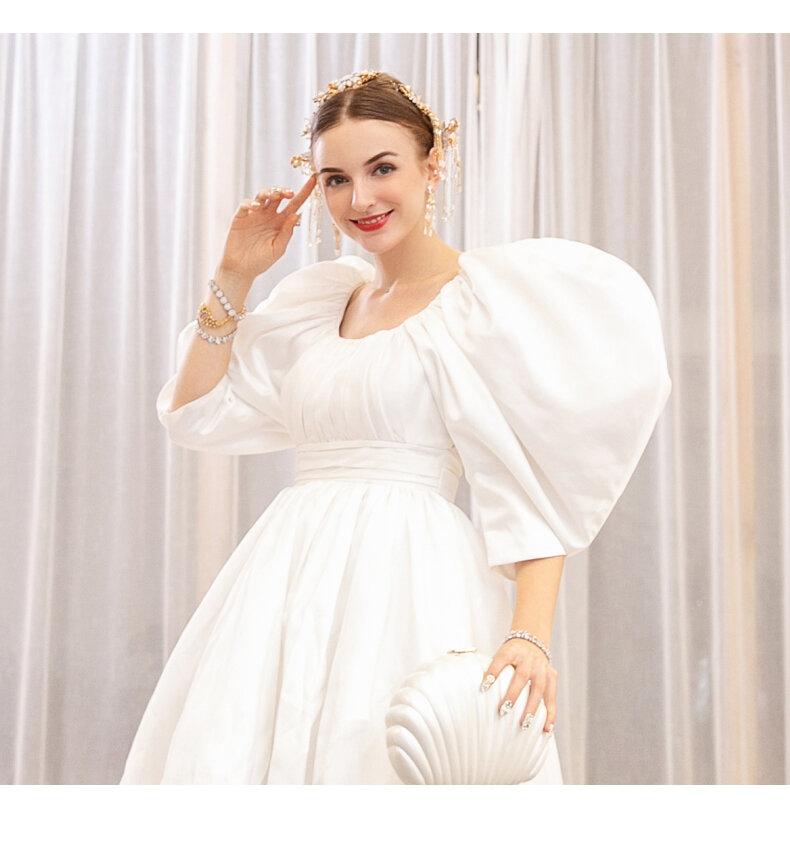 Sweet Elegant Silk Satin Hand Wrinkled Puff Sleeve U-Neck Princess Puff white cocktail dress- Eta