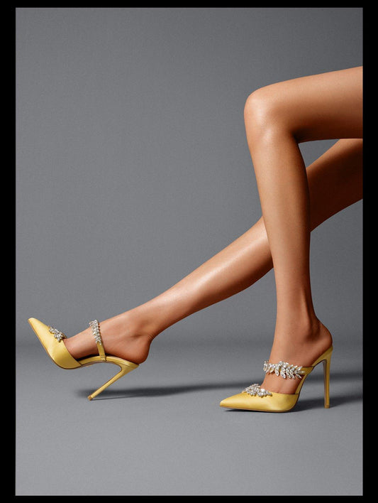 Yellow Silk cloth rhinestone stiletto high-heeled shoes slipper pumps - Delia