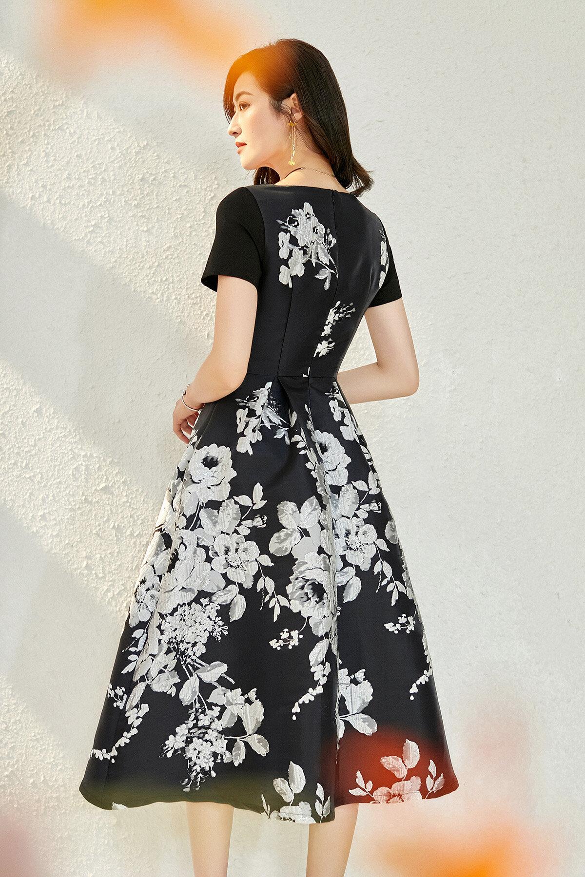 Spring retro 1950 lbd black jacquard short sleeve wedding guest Audrey Hepburn dress - Bailey