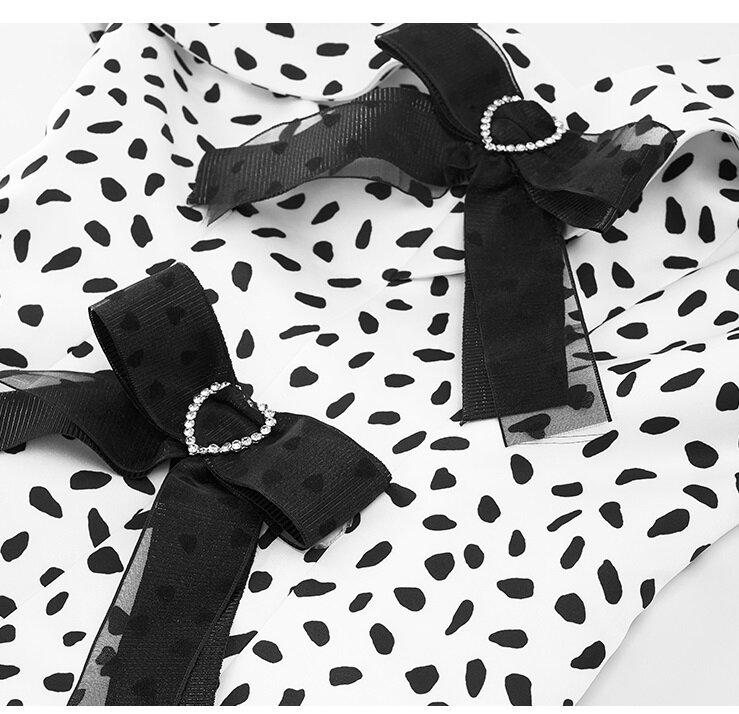 New black and white Dalmatian polka dot asymmetric oblique shoulder short-sleeved dress - Ren