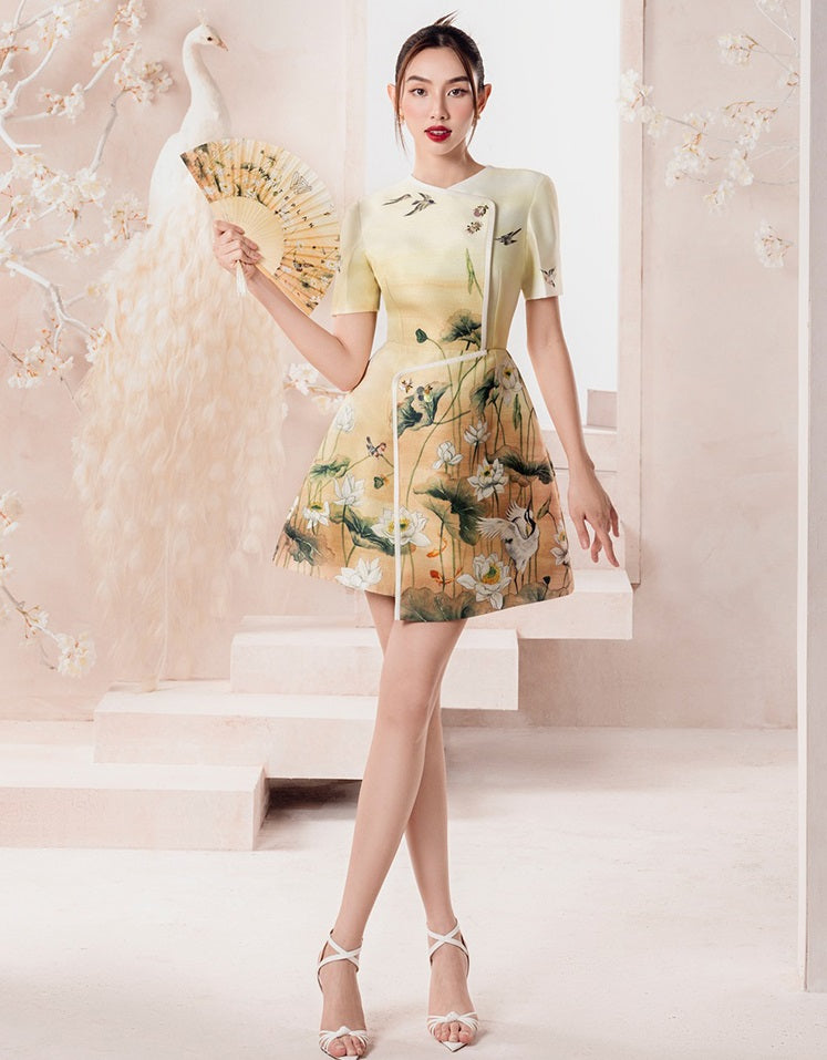 Short sleeved symmetric A-line skirt, printed patterns dress- Boli