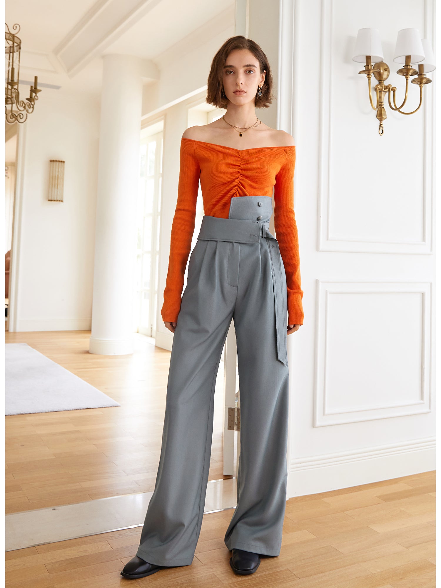 High waist wide leg pants made with smoke gray fabric asymmetrical pan –  GOOD GIRL REBEL