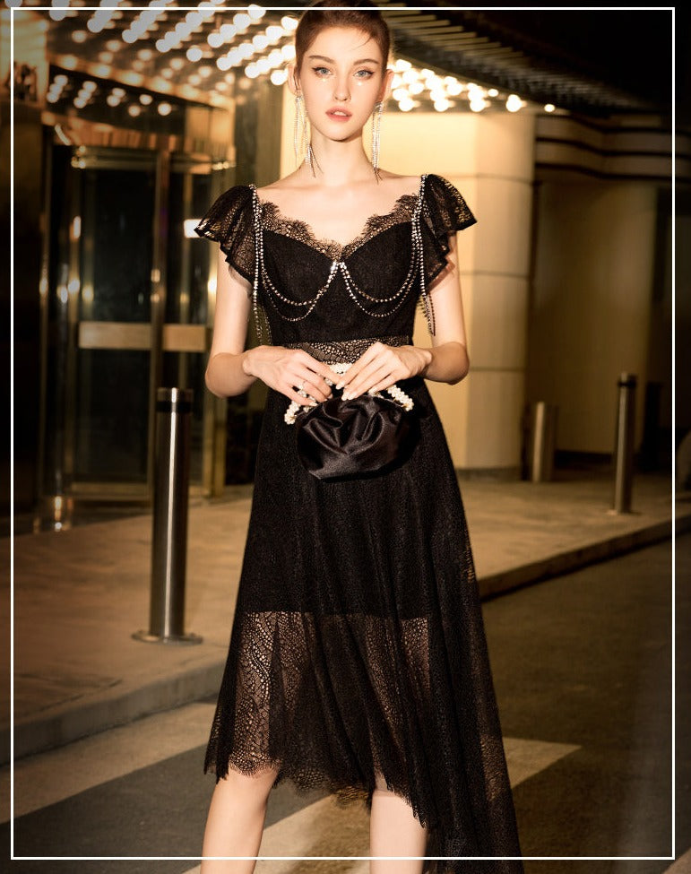 Black evening skirt high-quality texture with a lace see-through dress- Cora XL Black evening skirt high-quality texture with a lace see-through dress- Cora XL