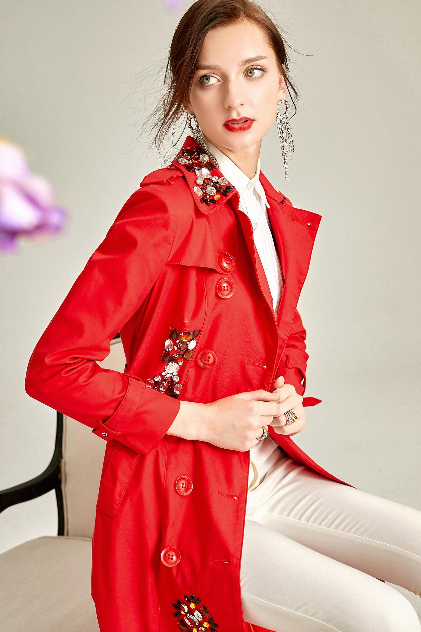 Classic autumn winter luxury limited edition handmade beaded long trench coat - Siaha Red