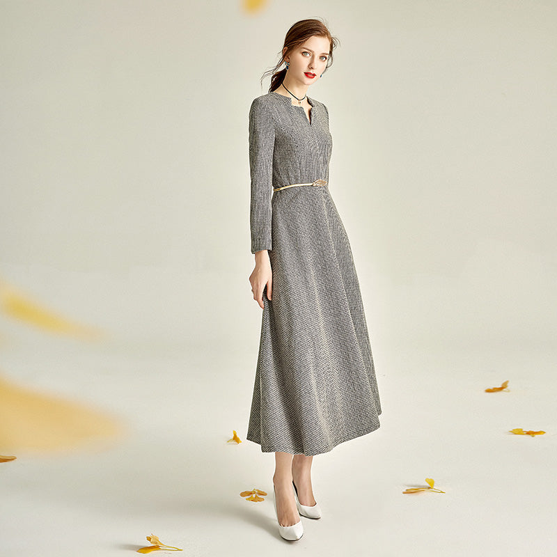 Gray autumn winter long-sleeved V-neck woolen dress- Sei