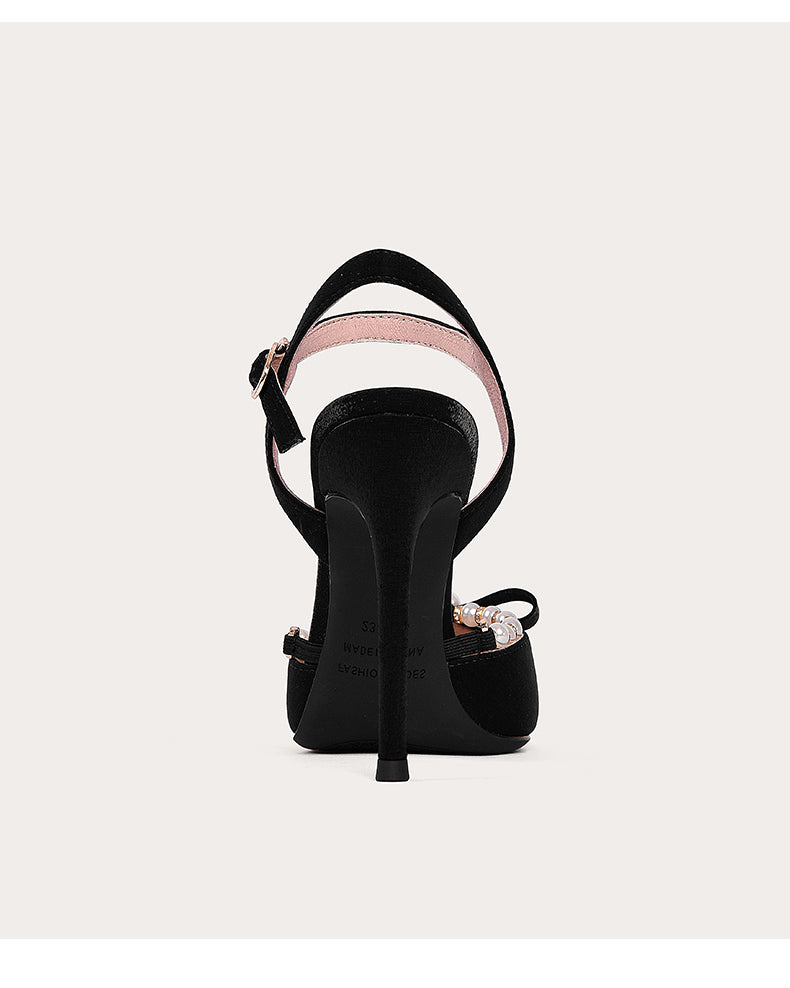 Lily style white high-heeled pearl sandals ladies low heels- Estela