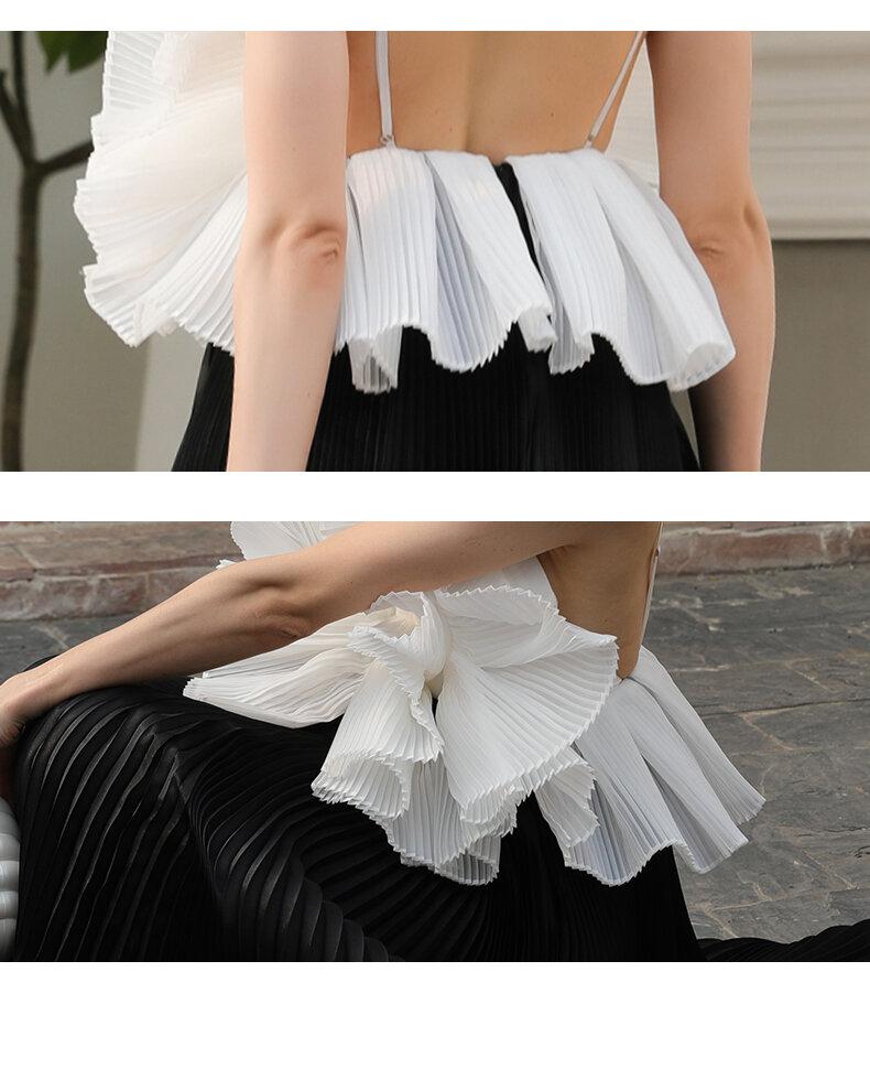 Sexy Full Body Folding Handmade Long dress white and black pleated ball gown evening dress