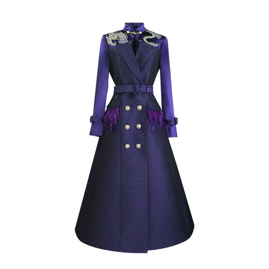 Magic Q's exclusive original design high-end vintage purple embroidery panel autumn trench coat A-line hem jacket coat - Uir