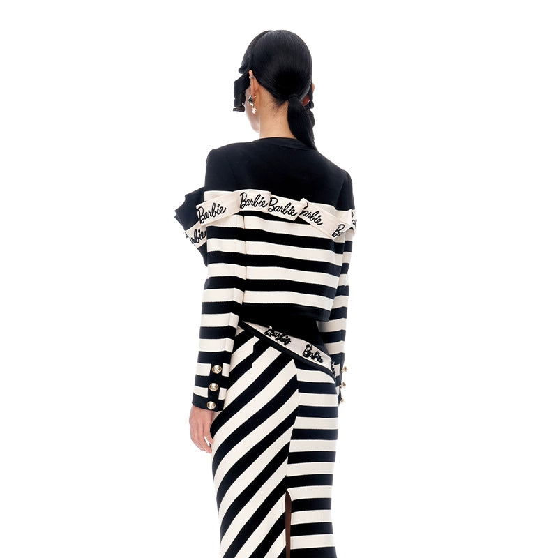 FAME Black and White Striped Beaded Big Bow Barbie Streamer Coat jacket - Tuggi