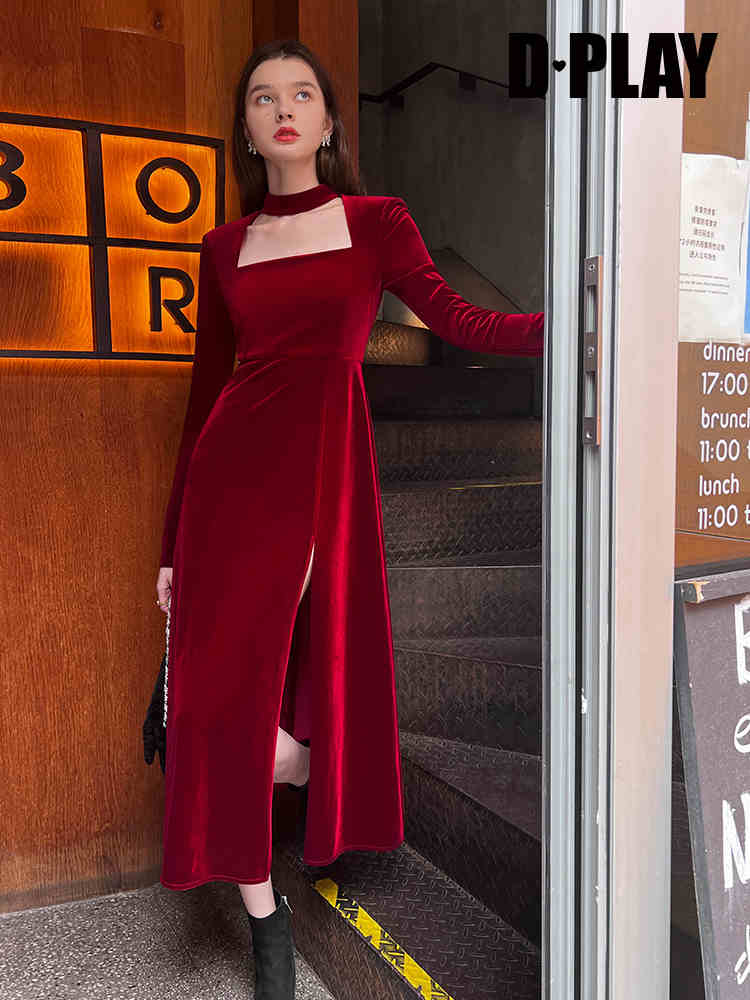 autumn winter French retro square neck lady style wine red velvet slit dress light dress - Esther autumn winter French retro square neck lady style wine red velvet slit dress light dress - Esther