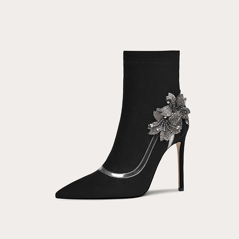 Black leather boots high-heeled short boots- Raty