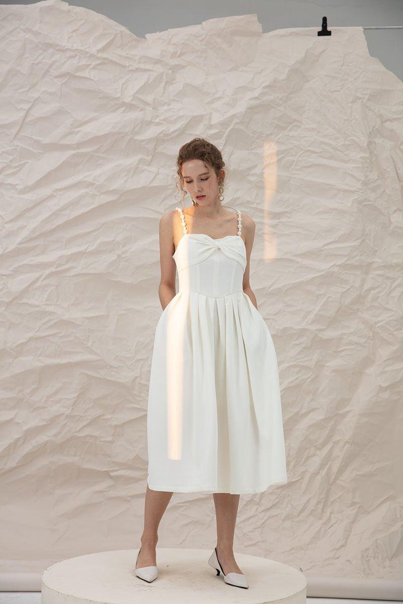Luxury French Retro Elegant White Midi Wedding Texture Backless Dress - Stila M Luxury French Retro Elegant White Midi Wedding Texture Backless Dress - Stila M