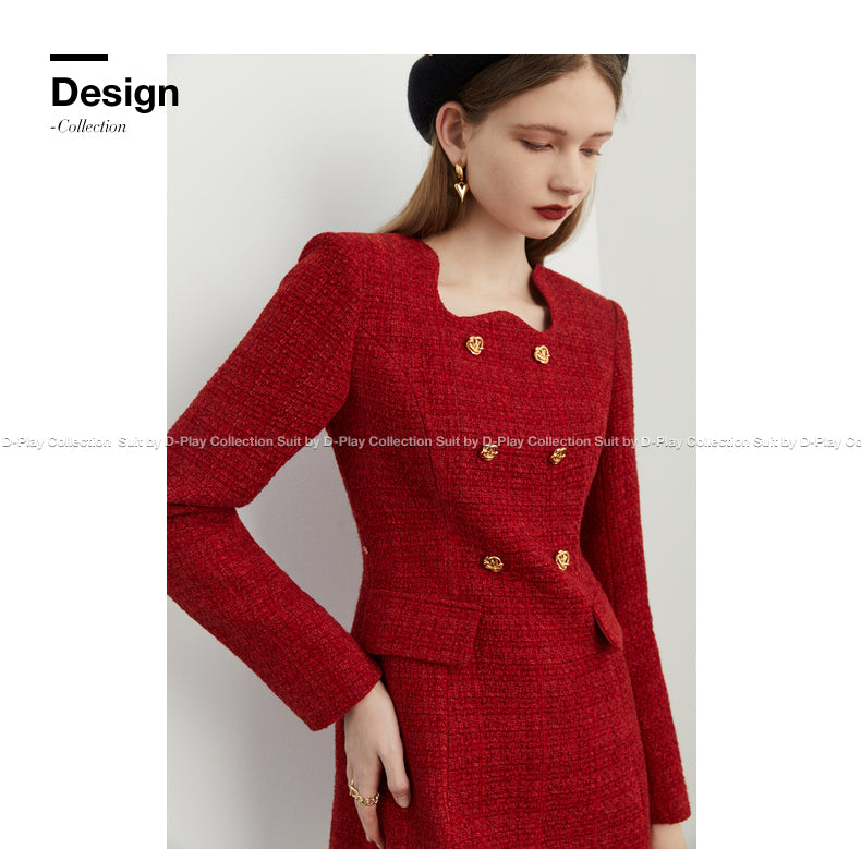 autumn winter retro jam red irregular lace metal buckle tweed dress