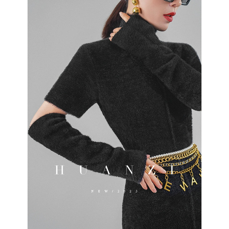Huanzi French backless Hepburn Black elegant mid-length autumn winter dress S / Black Huanzi French backless Hepburn Black elegant mid-length autumn winter dress S / Black