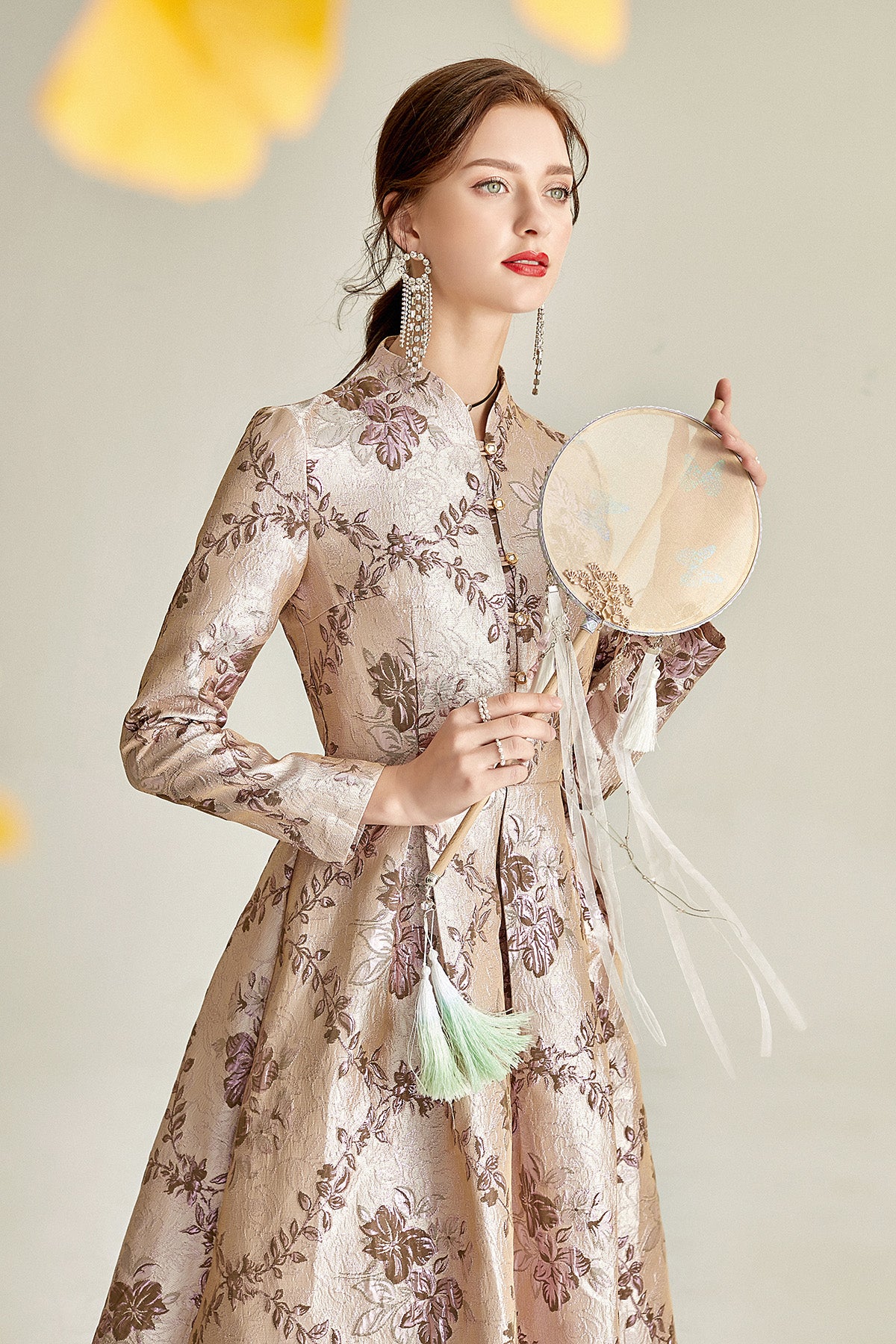 Long sleeve stand collar retro jacquard satin swing dress- Pilar