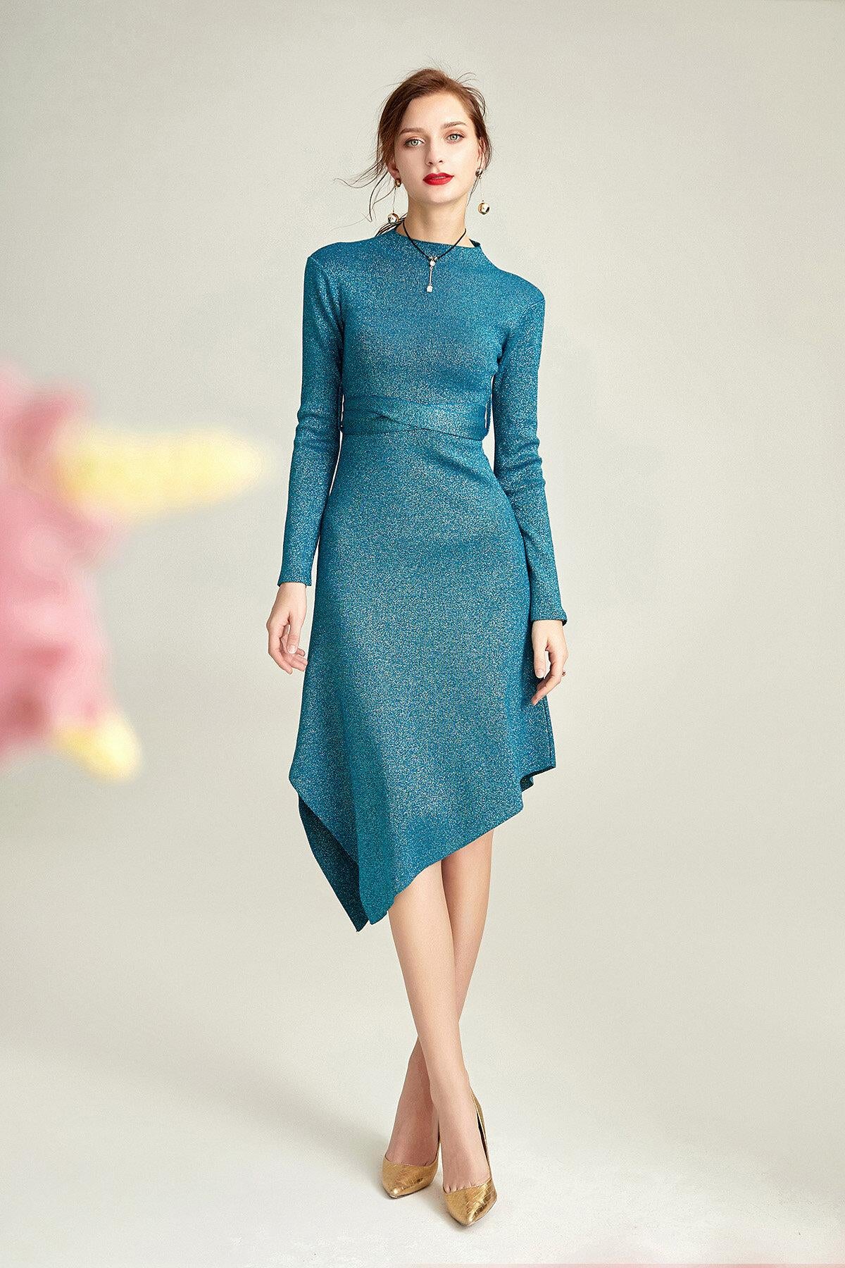 Spring and autumn starry silk soft knitted fish slant blue green dress - Neo L Spring and autumn starry silk soft knitted fish slant blue green dress - Neo L
