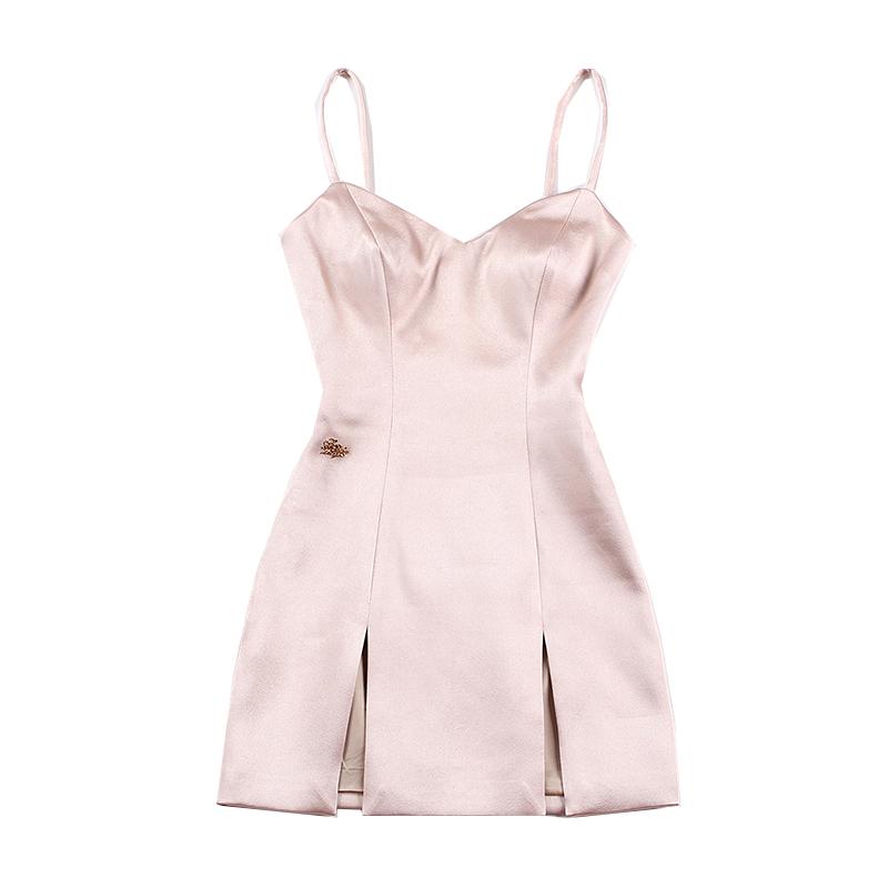 Le palais vintage elegant nude color satin slit mini elegant dress - Tuiea
