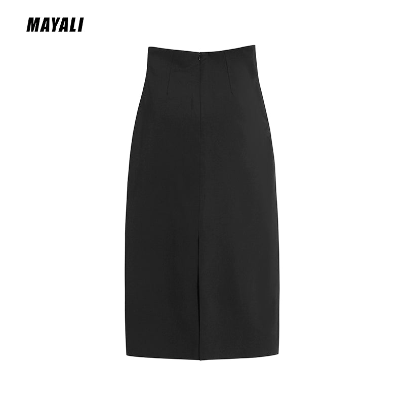 MAYALI POCKET HIGH WAISTBLACK WOOL MIDI PENCIL SKIRT - Sakara