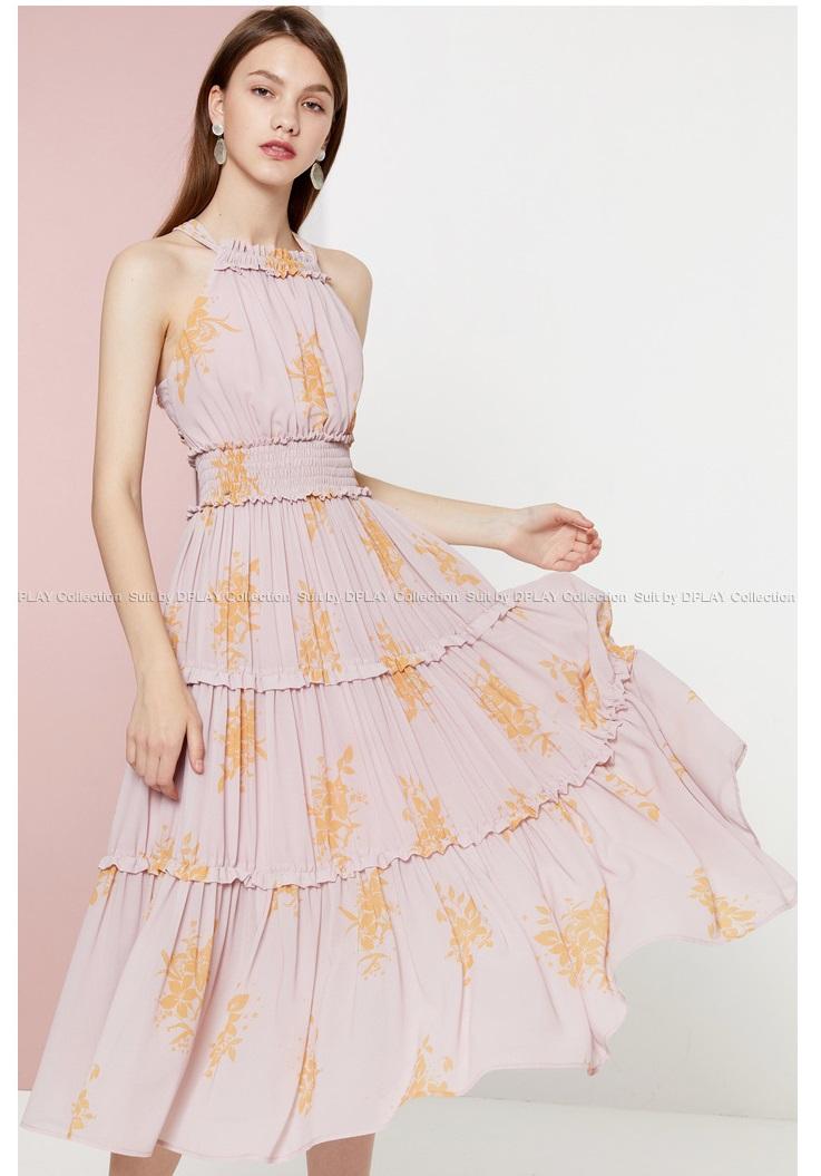 Pink strapless fairy print dress Off-the-shoulder print skirt super fairy goddess- Allen
