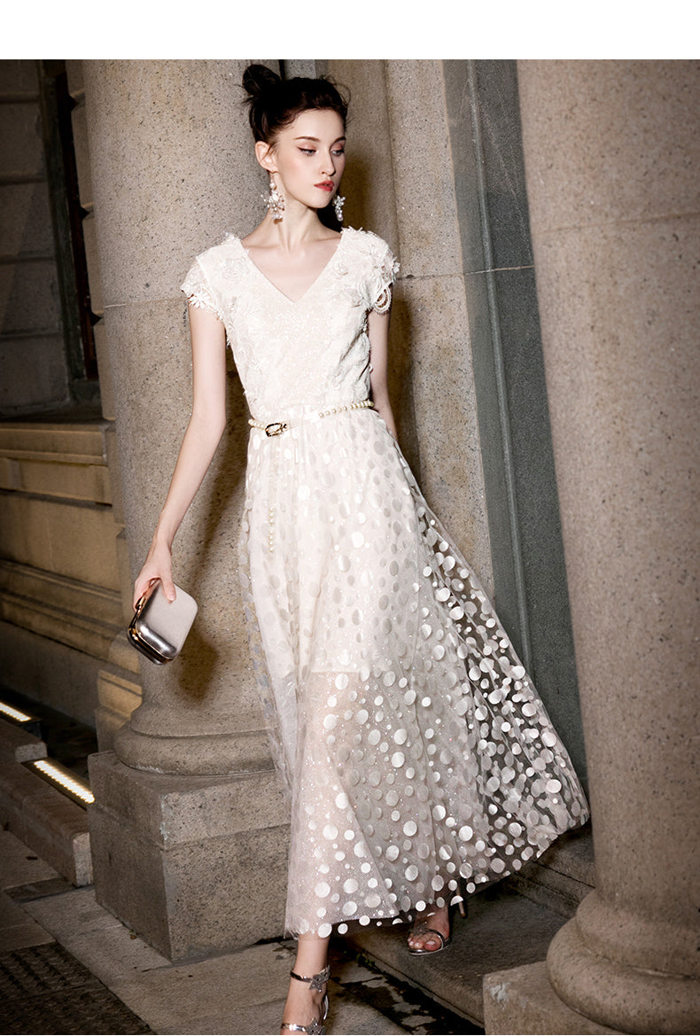 White polka dot mesh fabric midi dress- Coline – GOOD GIRL REBEL