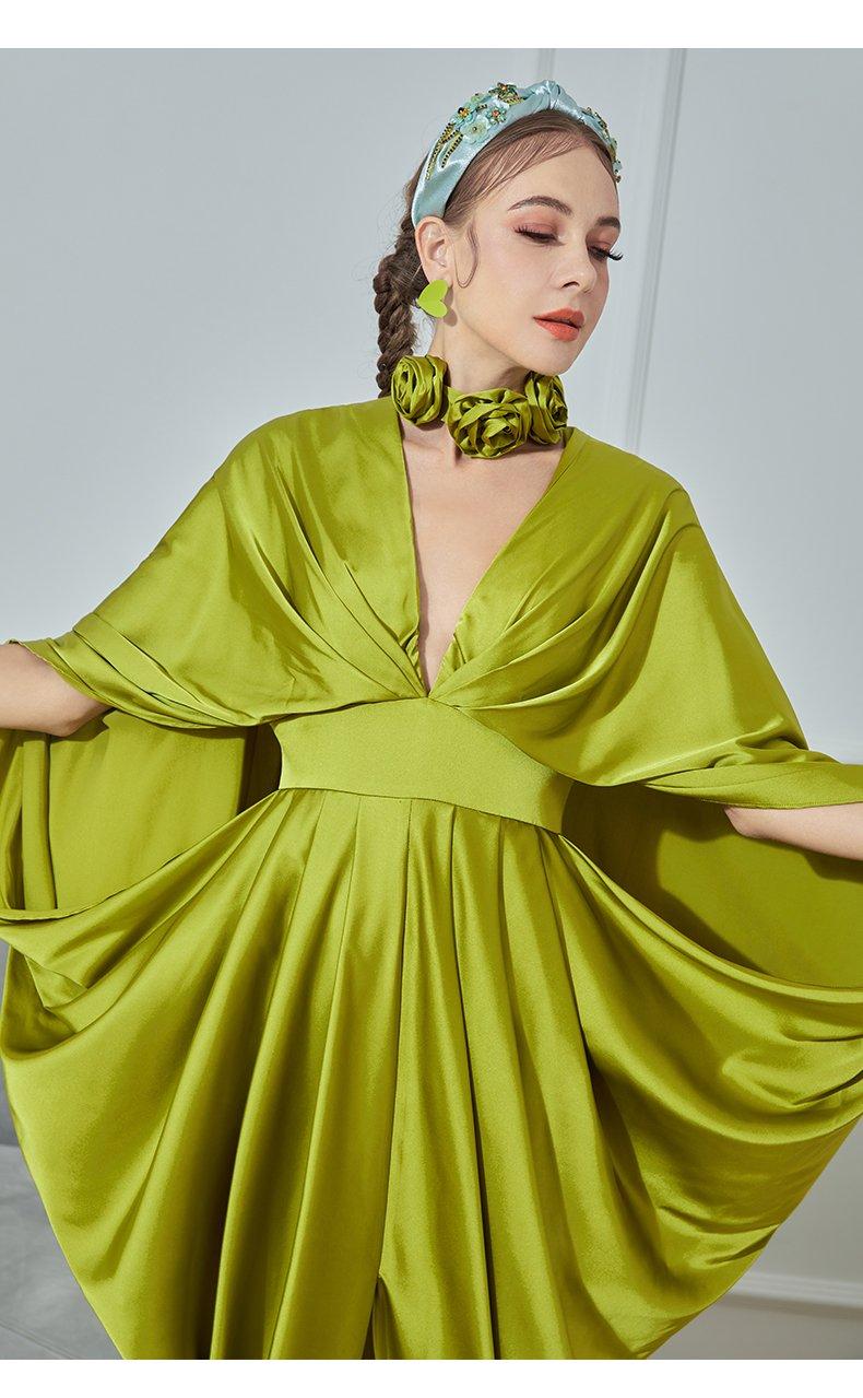 Deep V-neck sexy bat-sleeve slit long dress- Mai