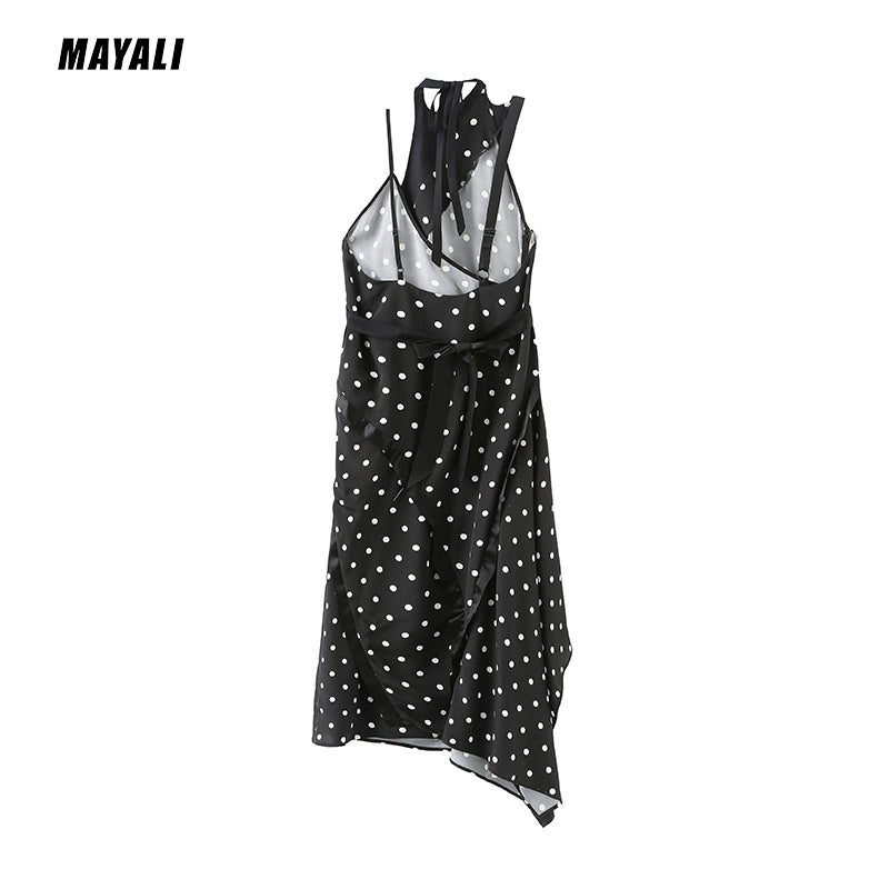 MAYALI Fall/Winter Ribbon Wraps Asymmetric Black Polka Dot Sleeveless Slip Dress - Miillie