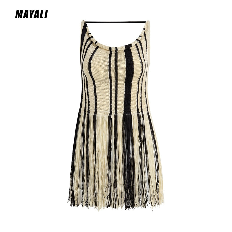 MAYALI contrast tassels khaki panels black stripes, summer dress - riiie