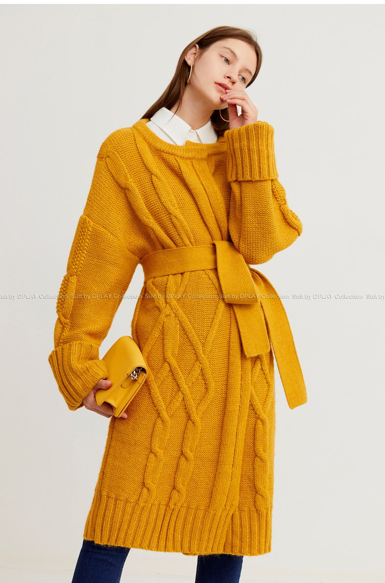 Autumn and Winter Yellow Long Loose Knitted Dress Long-Sleeved Twist-Knit Cardigan