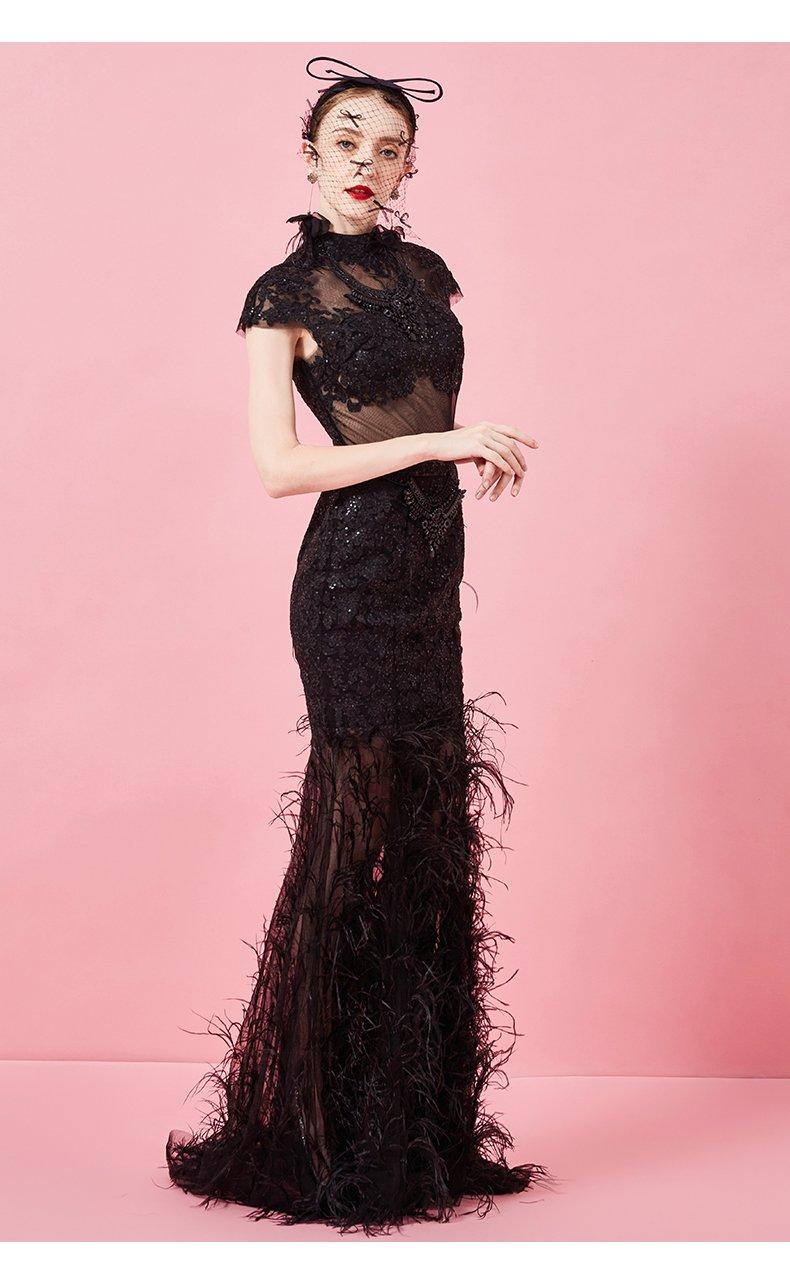 Short sleeve lace father black dress- Tina