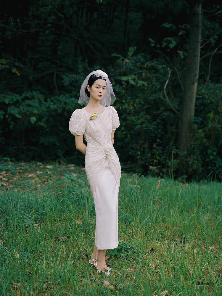 white retro dress Vintage Milky retro-chic high-waisted cut bridal White lace dress- Turni M / Milky