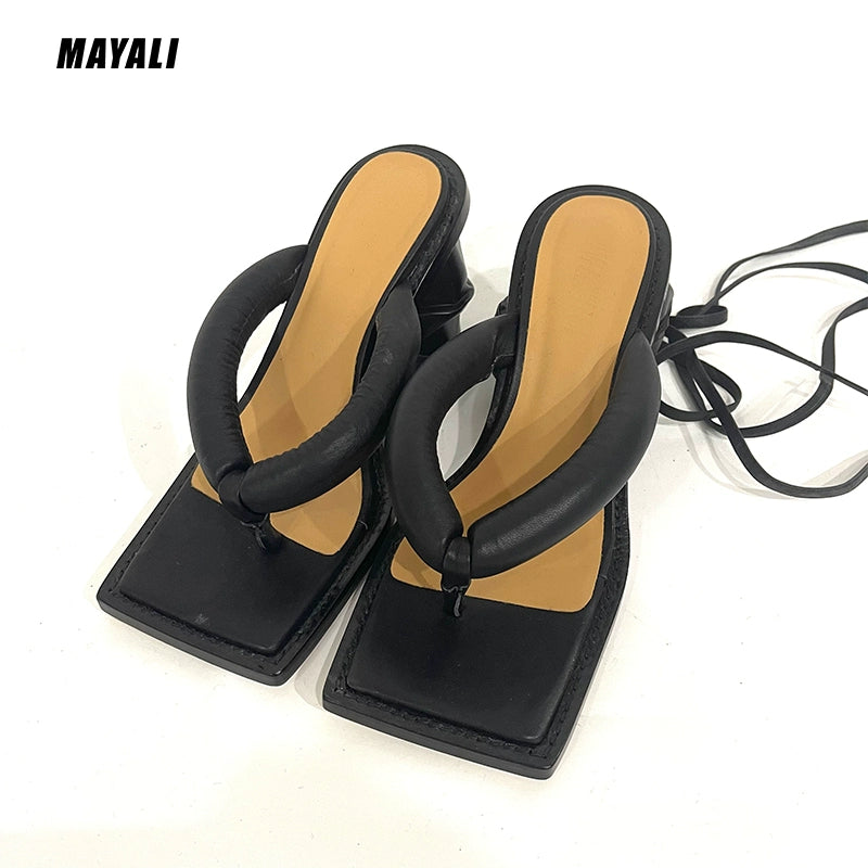 Mayali square toe heeled clip-on sandals leather strap heels - Igore