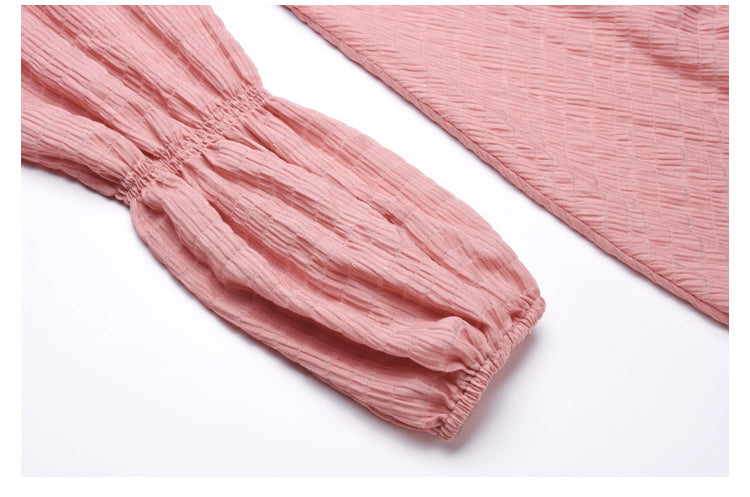 Retro lantern sleeves deep V-neck dress- Aud