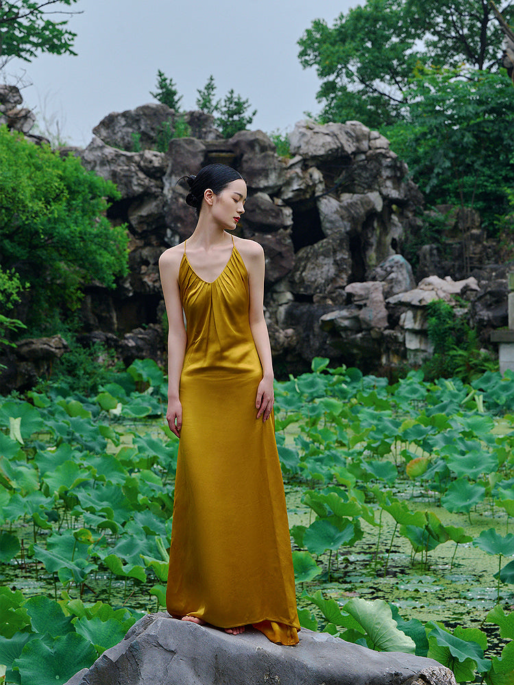 Wedding Guest Yellow Spring Dresses Gold Satin Fitted Maxi Gown