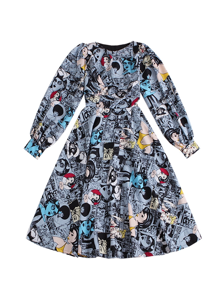 Le Palais Vintage Elegant Comics Design lantern Sleeve Dinner dress-Martha.