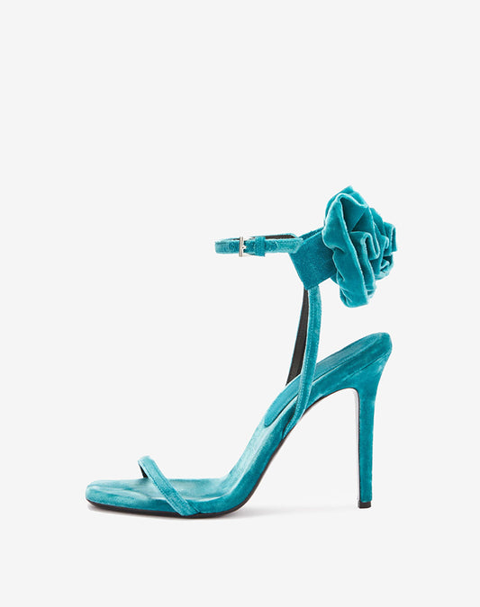 Spring and summer new lake blue suede flower stiletto high-heeled open-toed sandals- Chili
