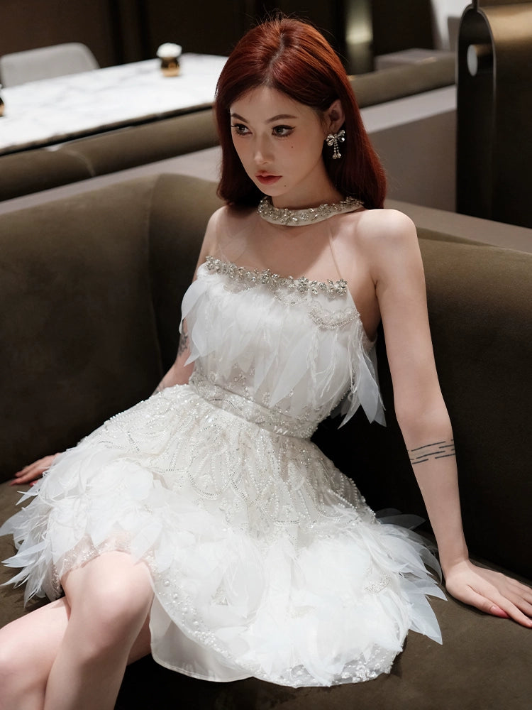 Wardrobes by Chen High End White Sleeveless Feather Tassel Diamond bridal Dress-Percy